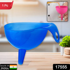 Plastic funnel fitting into bottle neck for pouring liquids