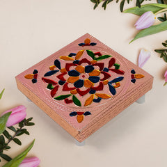 Square Shape Wooden Puja Chowki with Meenakari Work