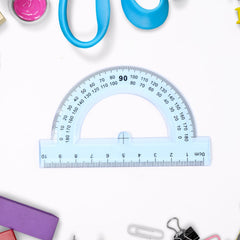 Essential geometry instruments including protractor and set squares