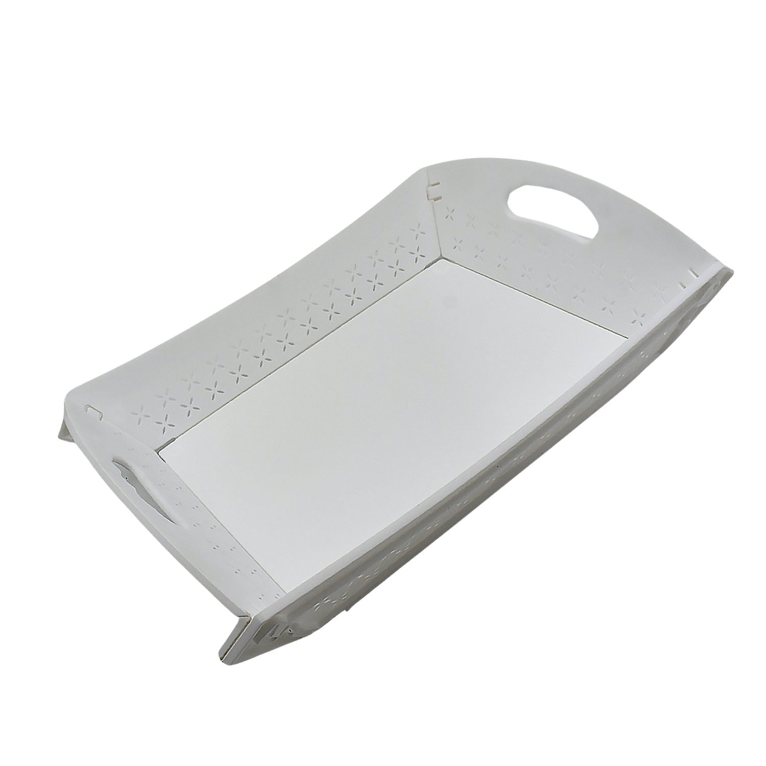 Foldable plastic serving tray with handle on white background