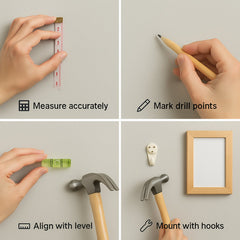 Multi-use wall hanging tools in use