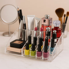 Makeup brushes and lipsticks neatly arranged in organizer compartments
