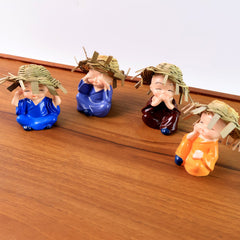 Meditating Monk Resin Figurine Set with Traditional Headwear