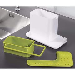 Kitchen sink organizer with liquid dispenser