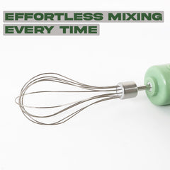 Close-up of cordless electric whisk with detachable stainless-steel balloon whisk