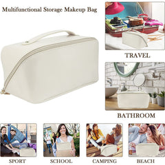 Premium cream travel makeup pouch with compartments and zipper
