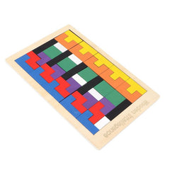 Top view of wooden puzzle blocks laid out