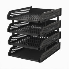 Side view of four-layer storage rack with office files