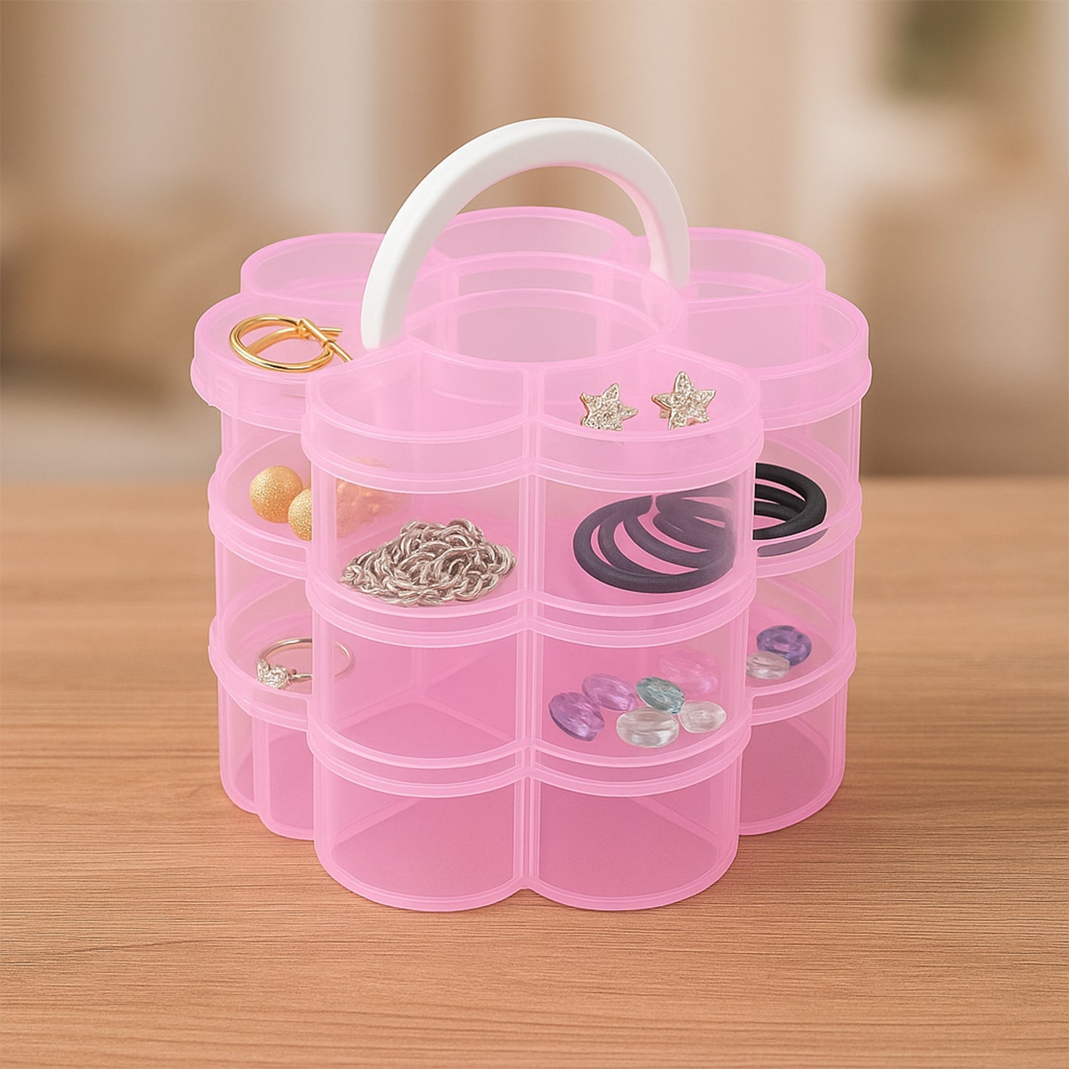 3-layer transparent flower-shaped plastic storage box with 9 grids, stackable organizer
