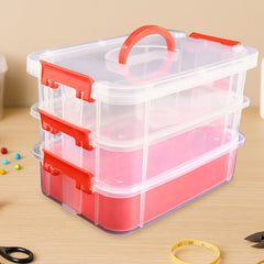 Close-up of grip and locking clips on 3-layer storage box