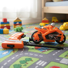 Red racing motorcycle toy with a detailed rider figure