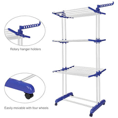 Foldable stainless steel clothes drying rack with wheels and side hangers