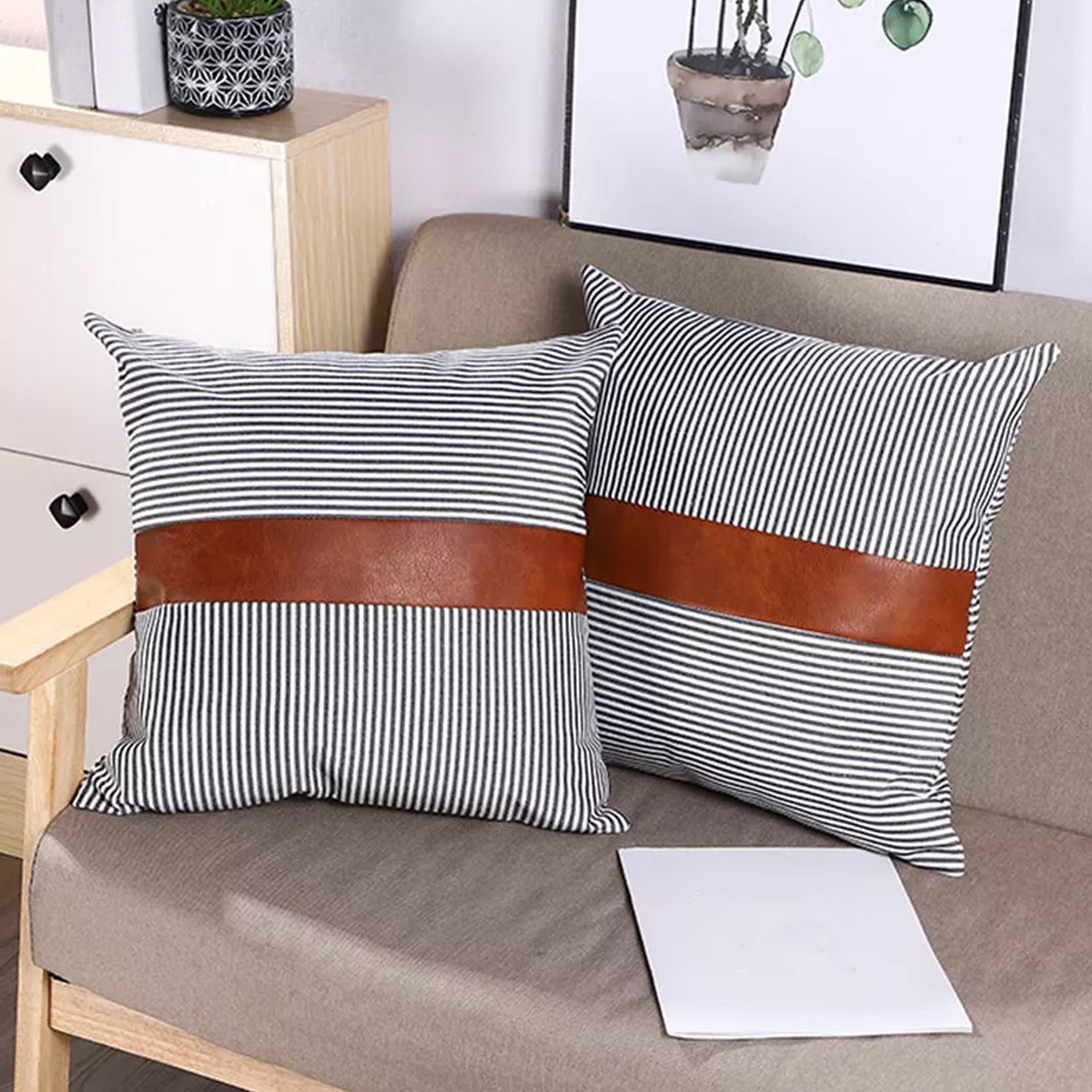 Leather and cotton pillow covers pair