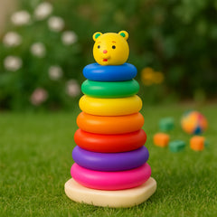 Side view of plastic teddy bear stacking rings toy
