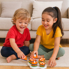 White base learning board with colorful stacking shapes