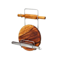 Multi-purpose stainless steel rack holding rolling pin and kitchen tongs