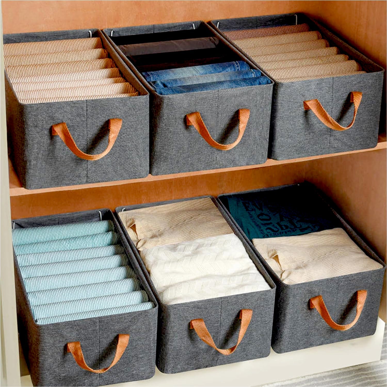 Foldable cotton linen storage box with handles, 45 cm