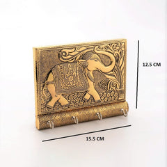 Angled view of wall-mounted wooden key holder