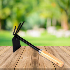 Gardening tool with wooden handle for digging and soil aeration