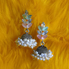 Silver Plated And White Contemporary Jhumkas