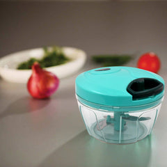 Person demonstrating string pull mechanism of the mini chopper