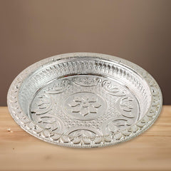 Lightweight plastic pooja thali with silver tone finish