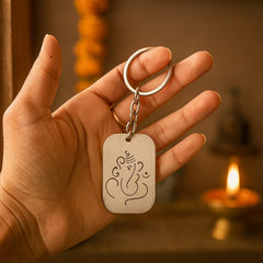 Close-up of Shree Ganesh charm on metal keychain