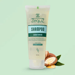 Close-up of Zequz shampoo bottle labeled 'Shampoo'