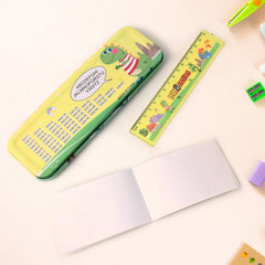 Pencil box with dinosaur print open showing pencils inside