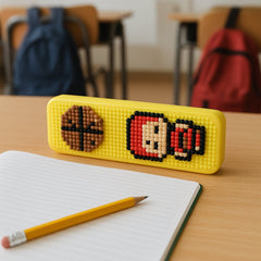 Close-up of DIY Pixel Art Pen Stand with pens and blocks