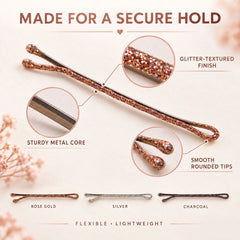 A single rose gold glitter bobby pin with callouts for its texture, metal core, and rounded tips.
