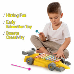 Top-down view of car xylophone with colorful bars