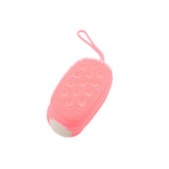 Silicone body scrubber with soft bristles for gentle cleansing.