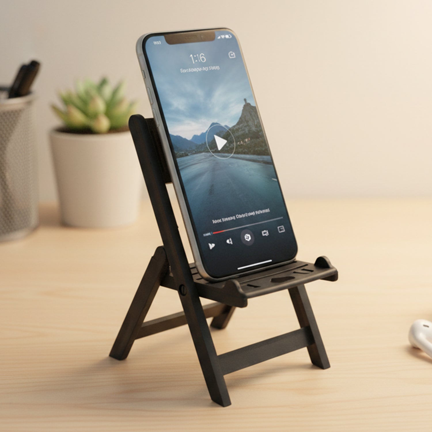 Mini chair shape black mobile stand on table