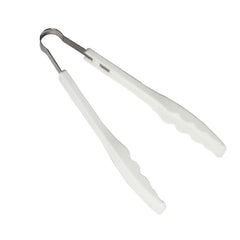 Plastic handle kitchen tongs gripping bread.