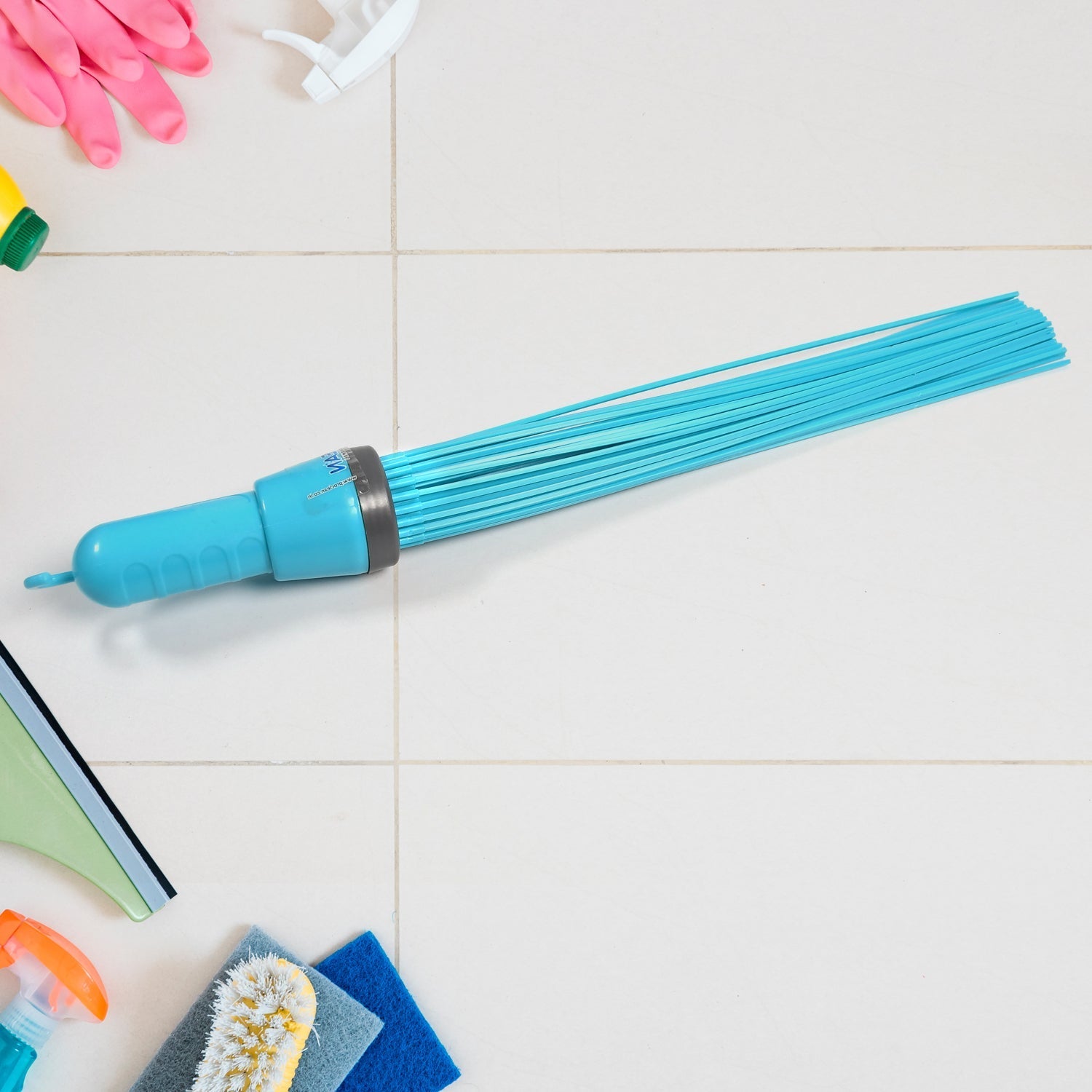 Plastic stick broom with 44 flexible bristles