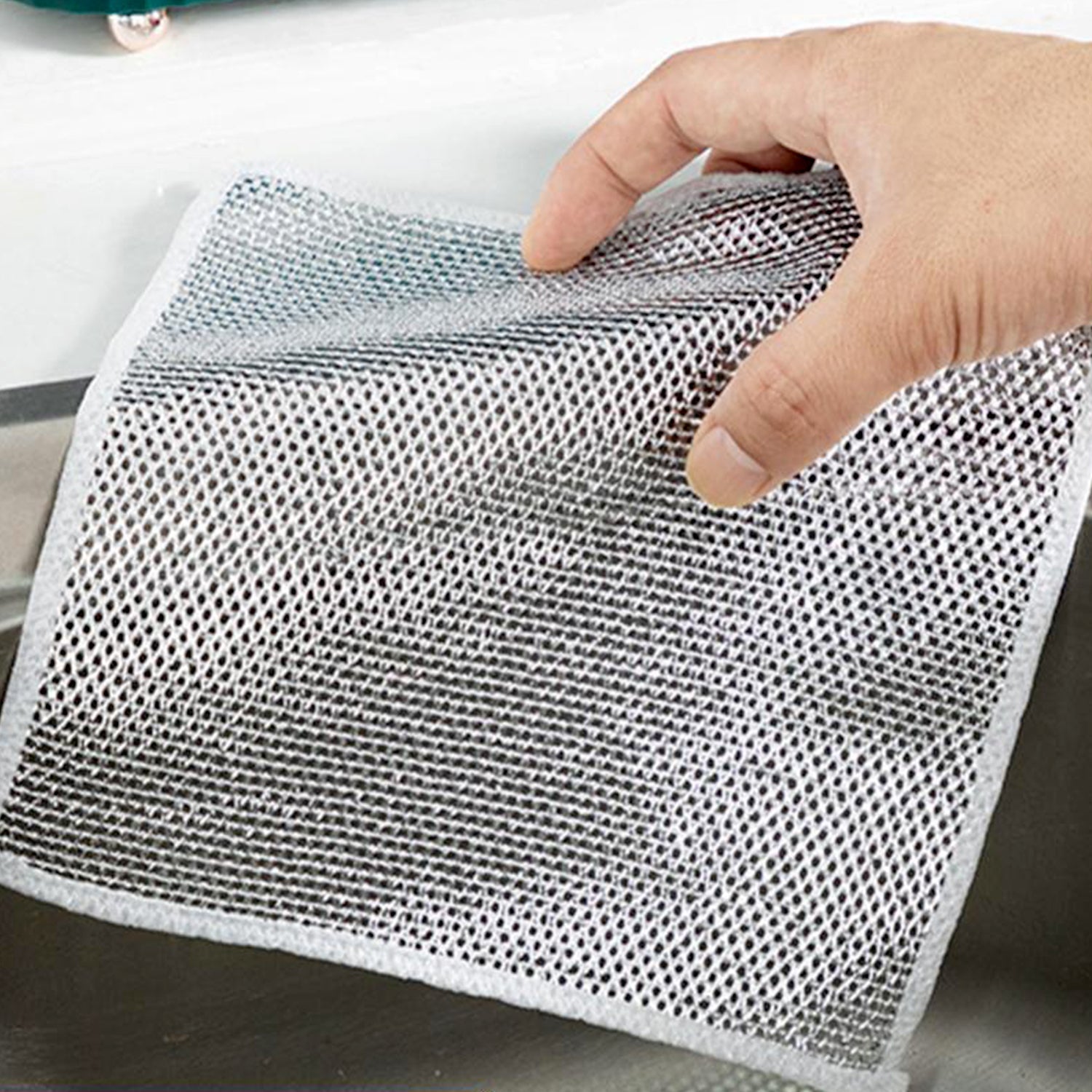 Double-sided microfiber cloth with stainless steel scrubber