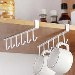 Close-up of the metal storage rack's 6 hooks