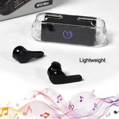 M12 Max black wireless earbuds on table