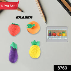 Mini fruit and vegetable-shaped erasers displayed on white background