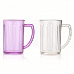 Two clear plastic juice glasses with handles side by side