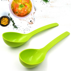 Black plastic ladles with ergonomic handles close-up