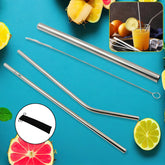 Set of 4 reusable stainless steel straws with travel case and cleaning brush