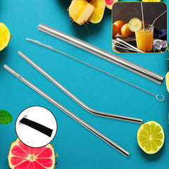 Set of 4 reusable stainless steel straws with travel case and cleaning brush