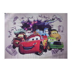 Cartoon racing car backdrop with printed broken-wall effect on white