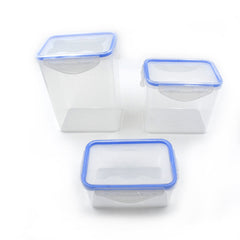Plastic storage jars with airtight lids for kitchen use.
