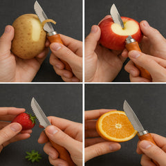 Multipurpose vegetable peeler with wood grip and sharp blade