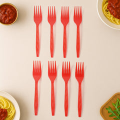 Set of red plastic forks ready for event