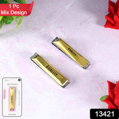 Open stainless steel folding nail clippers showing sharp blades