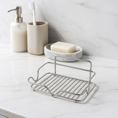 Close-up of stainless steel soap holder